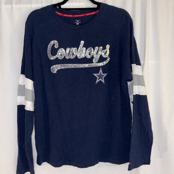 NFL x Tommy Hilfiger Cowboys football long sleeve T Shirt Sequined Size Medium - Picture 1 of 9